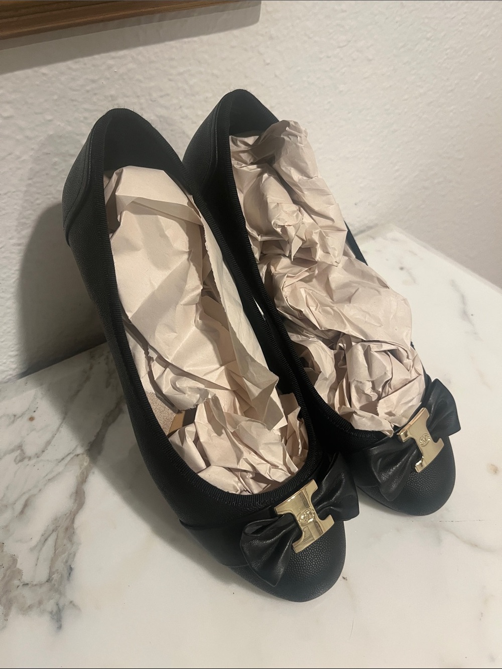 Charter Club Black Ballet Flats with Gold Buckle